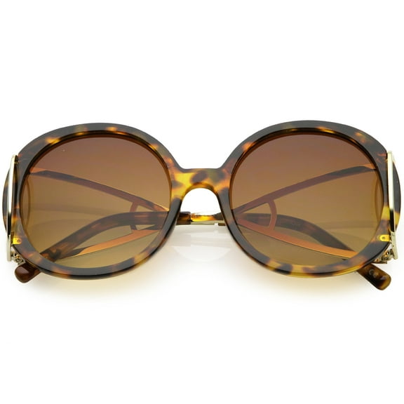 Women's Chunky Round Sunglasses Open Metal Arms Neutral Colored Lens 55mm (Tortoise Gold / Amber)