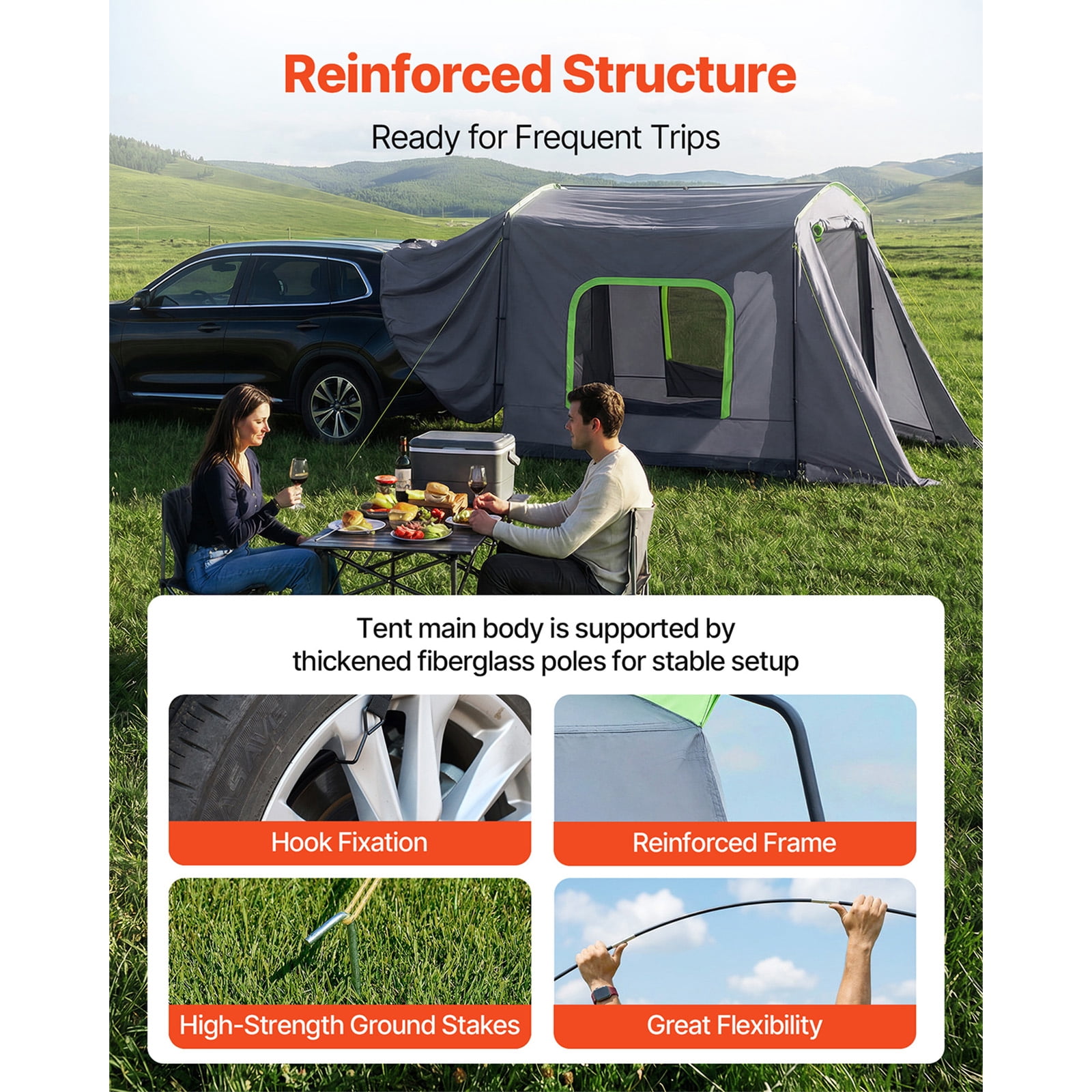KFFKFF Large SUV Tent for 5–9 People, 10.6 x 8 FT All-Season Tailgate Tent with Ventilated Door & Mesh Windows, PU3000mm Waterproof Dual-Use Car Rear Hatch Tent for Camping and Hiking