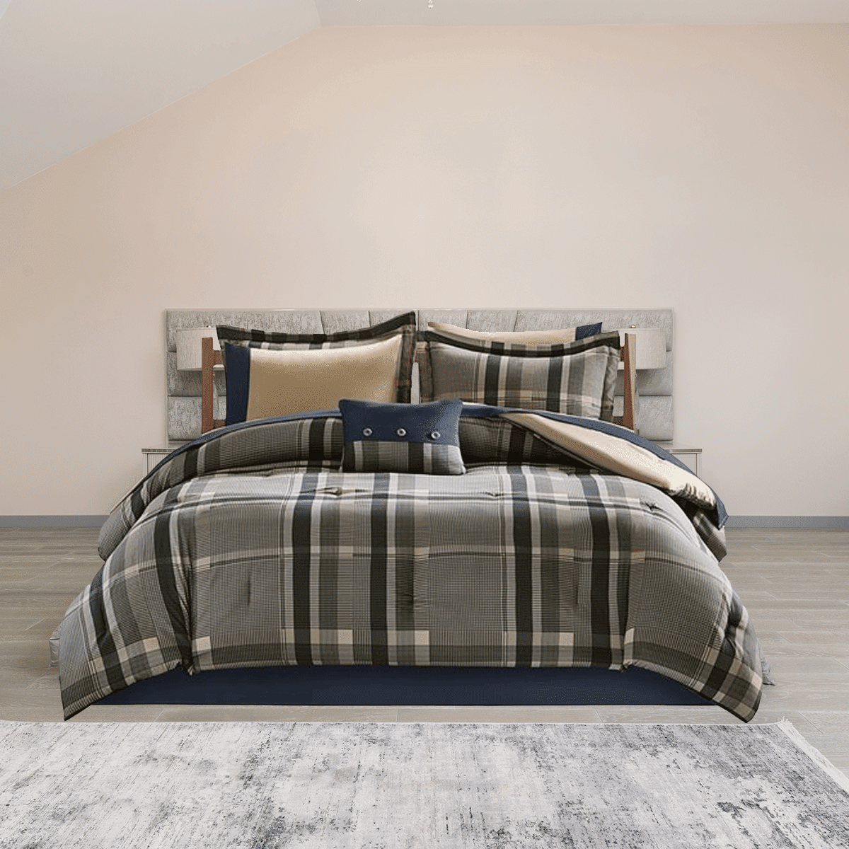 Printed Navy Plaid 9 Piece Bed in A Bag Comforter Set including Sheets