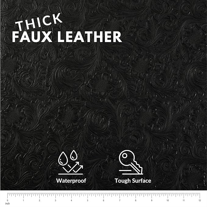 Tooled Faux Leather Western Cowboy, Floral Embossed Vinyl, Craft DIY and Upholstery Textured PU Pleather Fabric - Cut by The Yard (Black)