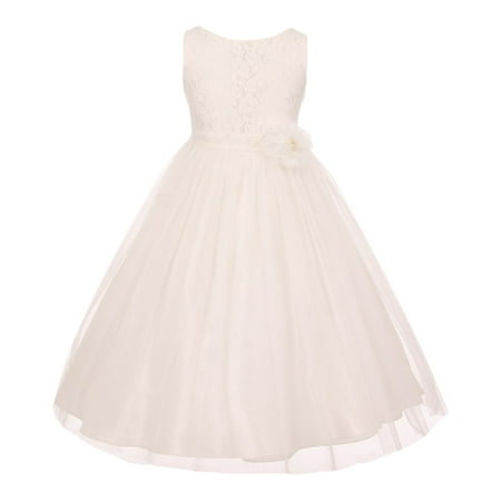 Little Girls Off-White Lace Pearl Floral Adorned Tulle Flower Girl Dress