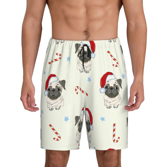 Fotbe Christmas Pug Dog Pantalones Cortos de Pijama para Hombre, Ropa de Dormir, Pantalones de Pijama Cortos para Hombre-Large