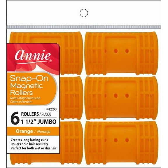 Annie Snap-On Magnetic Rollers – 1 3/4″ Jumbo Size, Orange, 6 Count | Extra-Large Smooth Curlers with Snap Covers – #1253