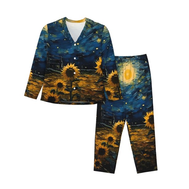 Balery Oil Starry Sky Sunflower Conjunto de Pijama con Estampado para Mujer, Conjunto de Dos Piezas con Manga Larga, Ropa de Dormir Suave con Bolsillos, Pijamas Cómodos-X-Large