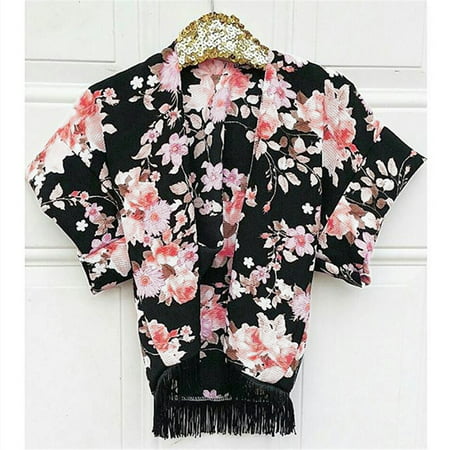 Kids Baby Girls Toddler Floral Tassel Cover UP Kimono Chiffon Cardigan Shawl Outfits Clothes Black