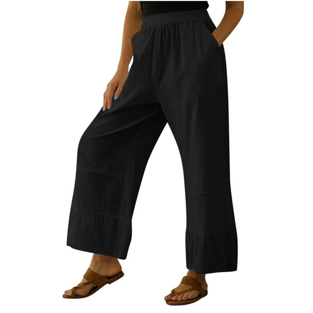 Womens Cotton Linen Elastic Waist Pants Ladies Casual Straight Leg