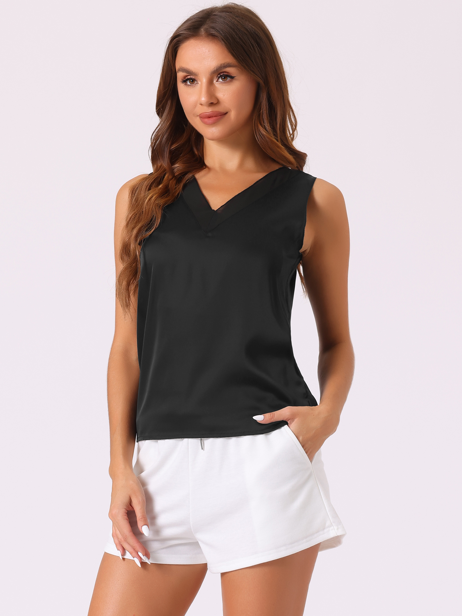 DARING DIVA Women's Silky Satin Mesh V Neck Sleeveless Blouses Tank Shirt XS Black