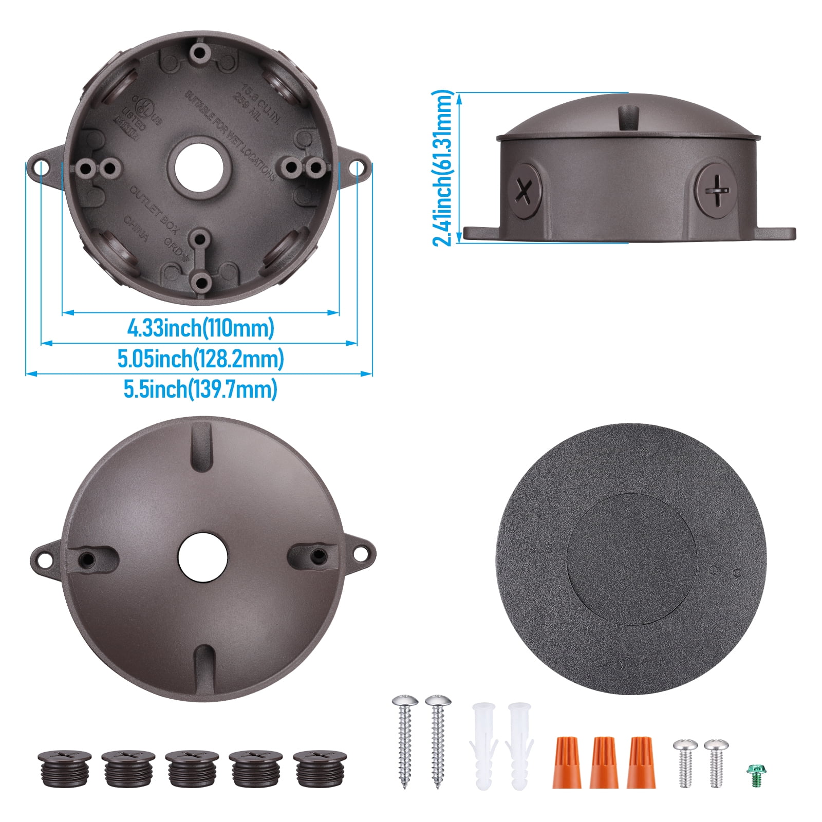 4 Pack 4 Inch Round Outdoor Electrical Box with Cover, Die-Cast Aluminum, IP65 Weatherproof, Six 1/2-Inch Knockouts, UL Listed, 16 Cubic Inch, Brown