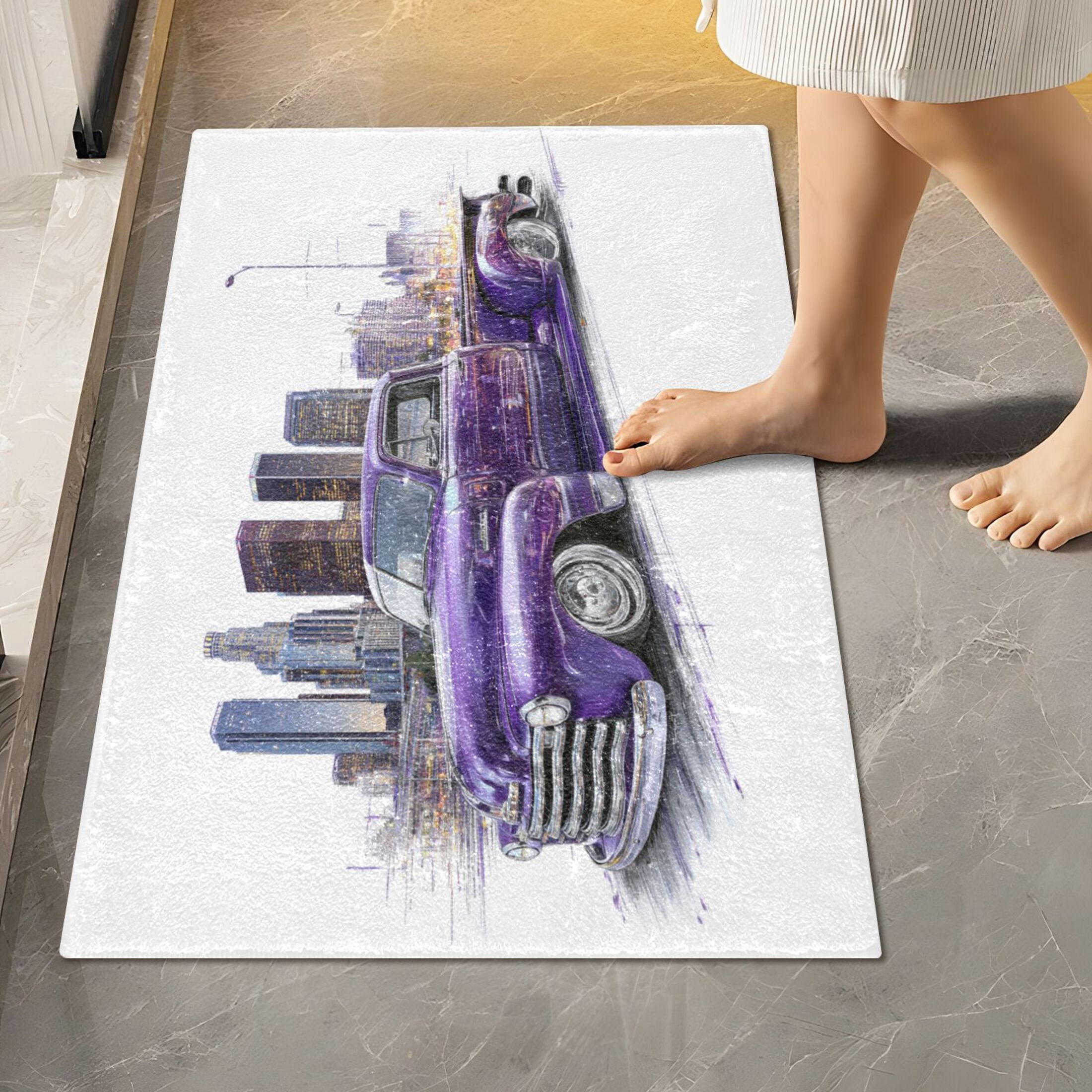 RMDQTR 2PCs Bathroom Rugs Set Plush Toilet Base Mat 16" × 24" Bath Mat and 20" × 24" U Shape Soft Rugs Non Slip Absorbent Vintage Purple Truck City Art