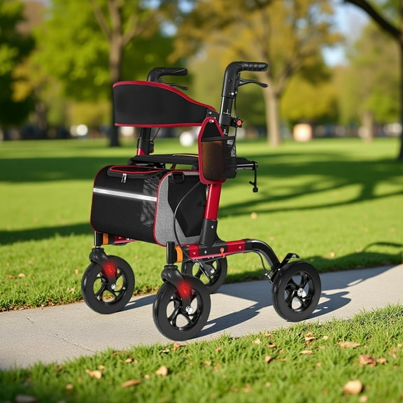 350LB Rollator Walker with Seat - 8"All-Terrain Wheels, 6-Level Adjust & 1-Second Fold for 4'7"-6'5" Seniors