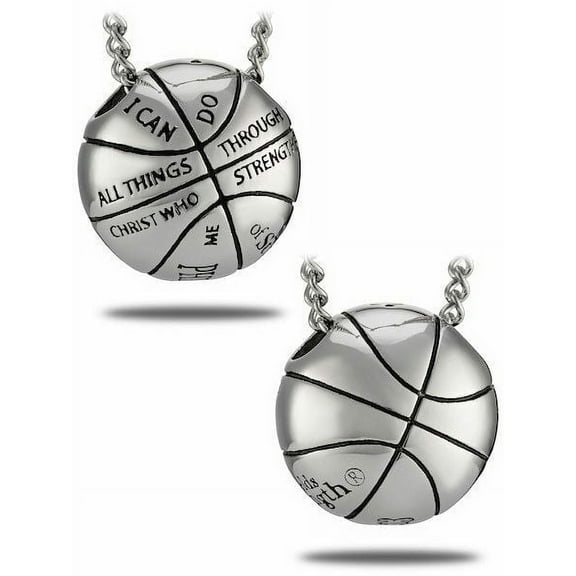 Woman's Stainless Steel 3-D Mini Basketball Pendant Necklace-Phil 4:13 by Shields of Strength