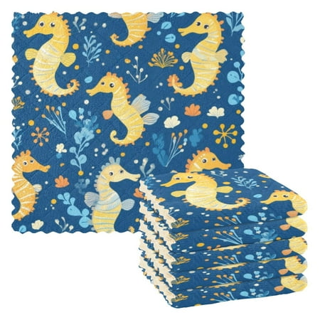 

6 Pieces of Kitchen Towels 11x11Inch Kitchen Dish Cloths Kitchen Dish Towels Reuseable Cleaning Cloths Cartoon Yellow Seahorse