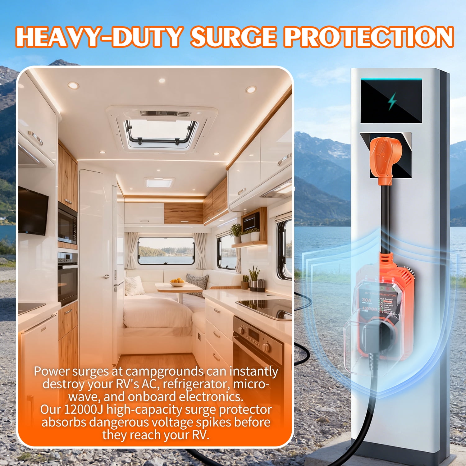 Askmuse RV Surge Protector 30 Amp, 12000 Joules Camper Power Protector, Smart Circuit Analyzer with LED Indicator, Waterproof Electrical Protection, 30 Amp RV Plug, Motorhome Camper Accessories