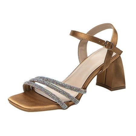 

GWAABD Slides Women Sandals Women Buckle Heel Sandals Casual Bling Rhinestone Square Toe Sandals Open Toe Slide Sandals for Ladies