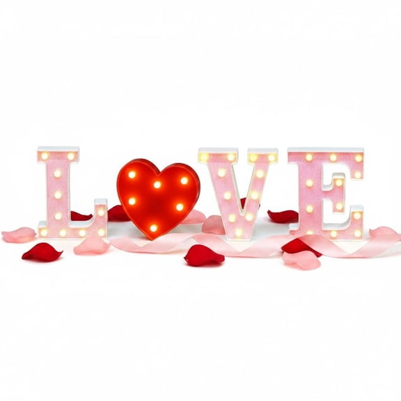 Valentine's Day Love Letters Decorations, LOVE Marquee Letters with Heart Light, Pink Glitter LED Letter Lights, Battery Operated Romantic Table Decor for Wedding, Anniversary, Proposal
