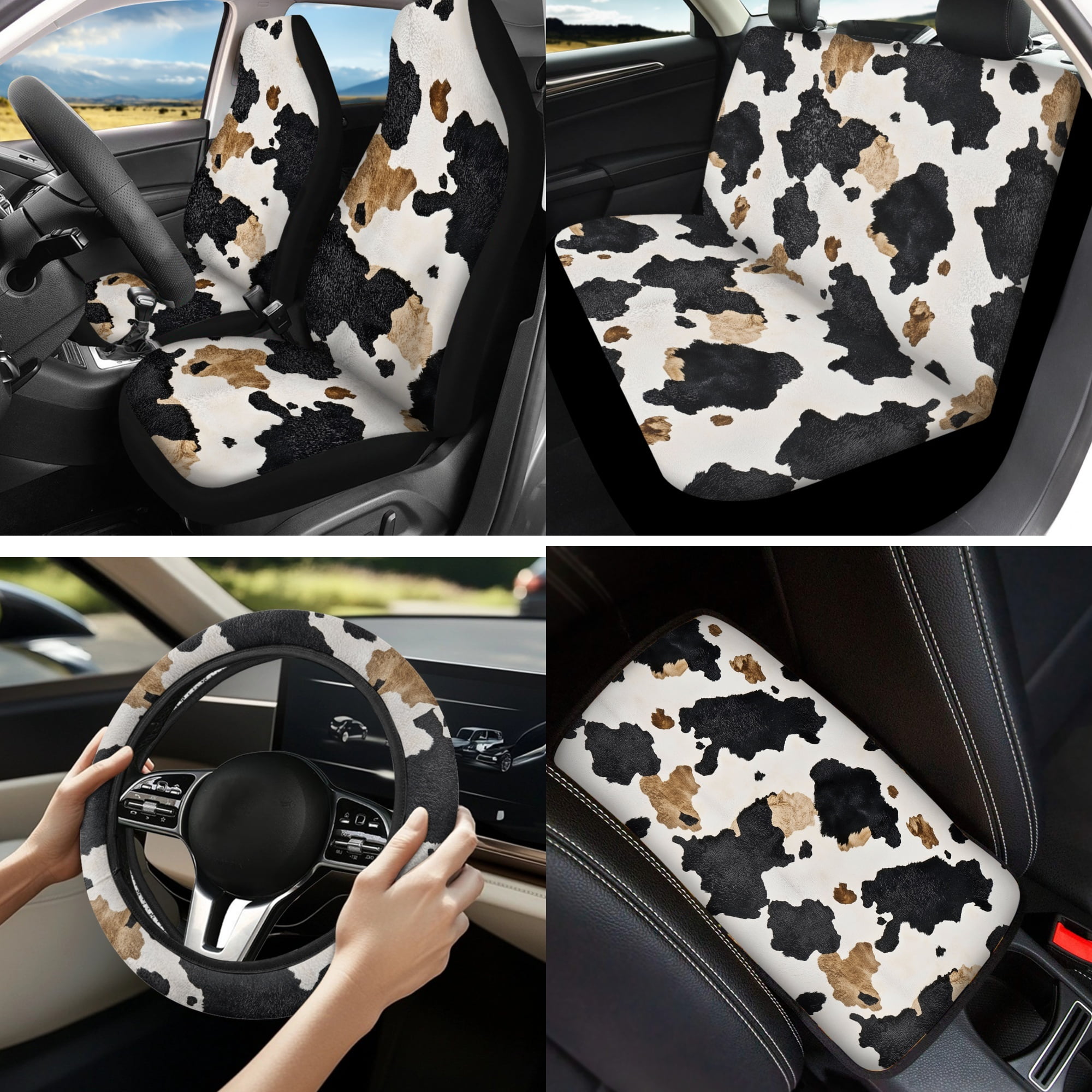 Jeiento Cow Print 13 Pack Car Seat Cover Set, Including Steering Wheel, Auto Seatbelt Pads, Cup Coasters, Armrest, Keychains, Chapstick Holder, Black Brown Car Accessory Interior Decor