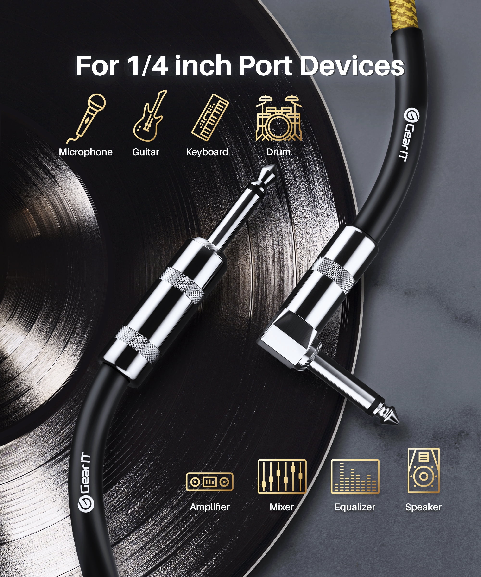 GearIT Audio Instrument Cable (20ft) Right Angle to Straight 1/4 Inch Male to Male for AMP Cord, Base and Electric Guitar - Brown/Yellow
