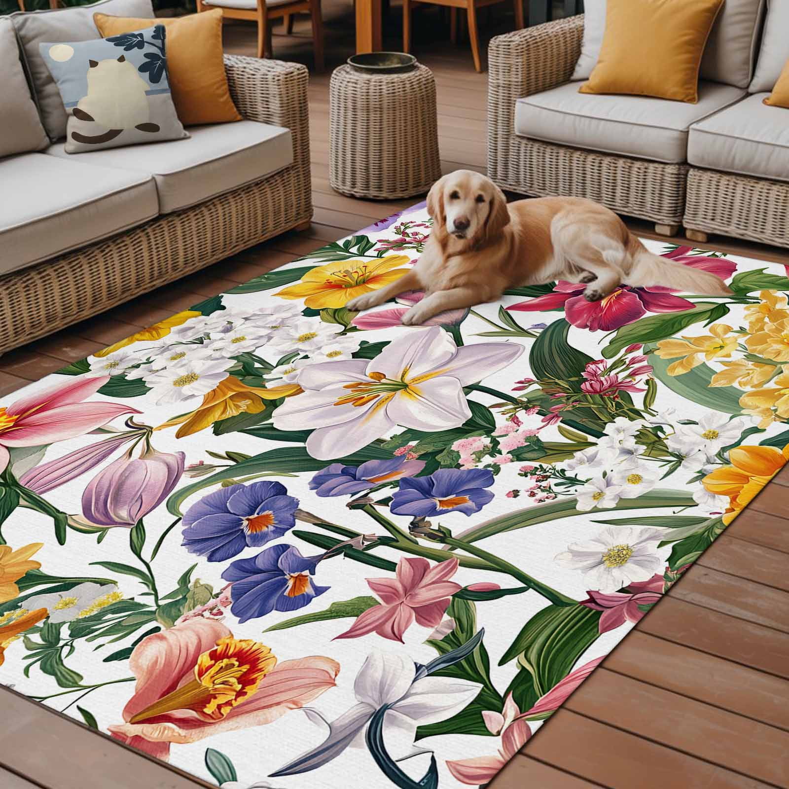 Fsddascl Vibrant Tropical Floral Outdoor Rug for Patio/Deck/Porch, Non-Slip Large Area Rug 4 x 6 Ft, Leafy Greenery Multicolored Botanical Indoor Outdoor Rugs Washable Area Rugs, Camping Rug Carpet