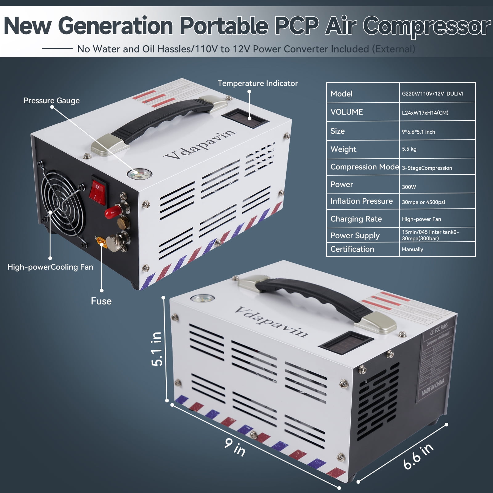 Pcp Air Compressor, 4500Psi 30Mpa - Portable and Powerful 12V DC/110V AC Pump