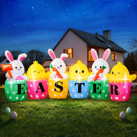 10 FT Easter Inflatable Bunny Outdoor Decorations with Chicks Rabbits, Blow Up Sign Decoration with Built-in LED Lights, Easter Inflatables Outdoor Decoration for Lawn, Yard, Garden and Home
