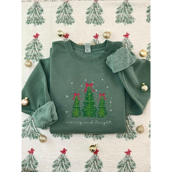 Green Christmas Tree Sweater with Christmas Bows - Merry and Bright Holiday Sweatshirt