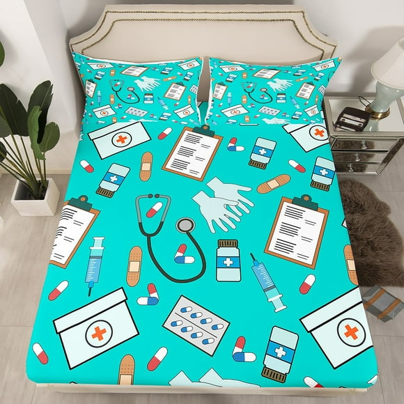Doctor Nurse Gift Fitted Sheet Full Size Gifts Idea for Dentists Doctors Bedding Set 3Pcs(No Flat Sheet) Fashion Mint Green Bed Sheet for Boys Girls Teens Room Decor Doctor Gift Deep Pocket Sheet