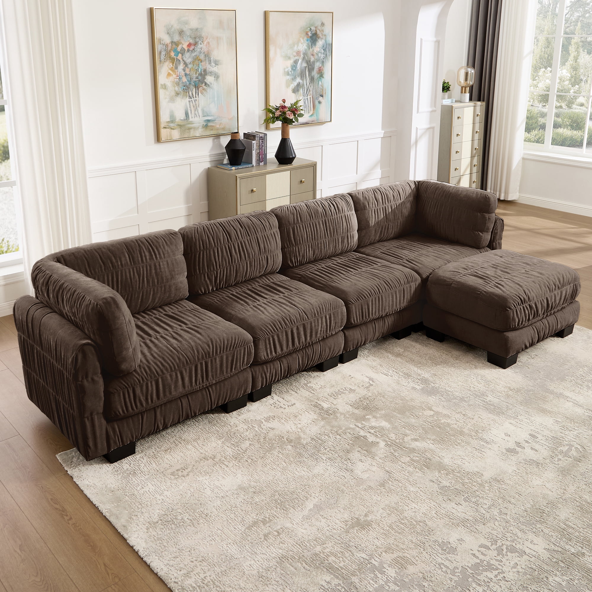 140" L Shape 4 Seat Chenille Modular Sectional Sofa with Ottoman and L Shape Back Cushions,Easy Assembly