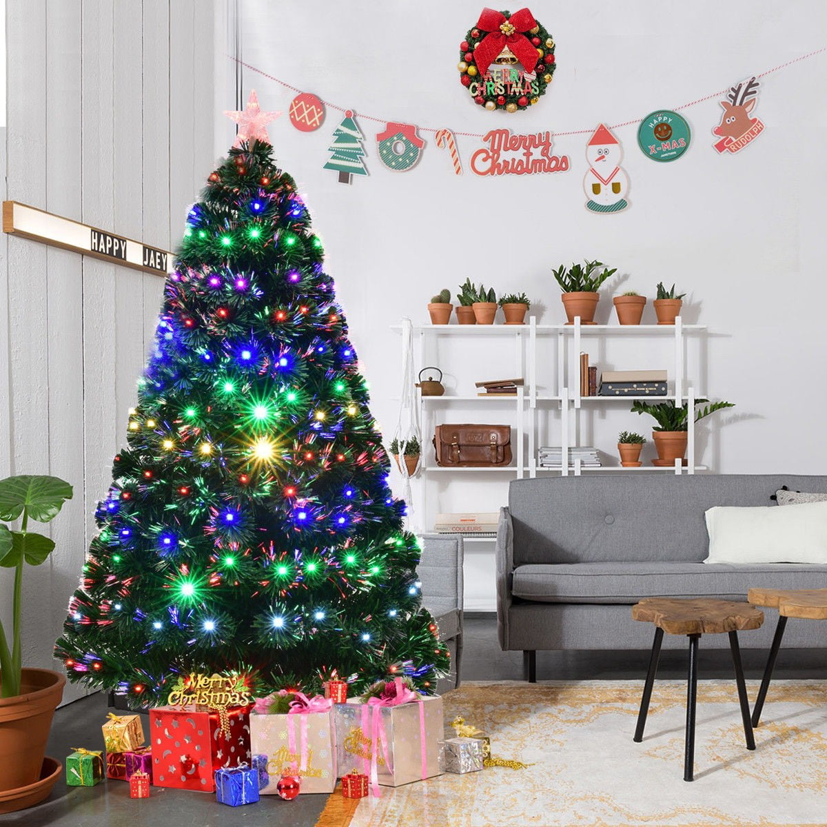 7' Pre-Lit Fiber Optic Artificial Christmas Tree w/Snowflake LED Lights&Top Star 