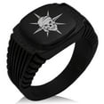thumbnail image 1 of Stainless Steel Pirate Skull Star Compass CZ Ribbed Needle Stripe Pattern Biker Style Polished Ring, 1 of 1