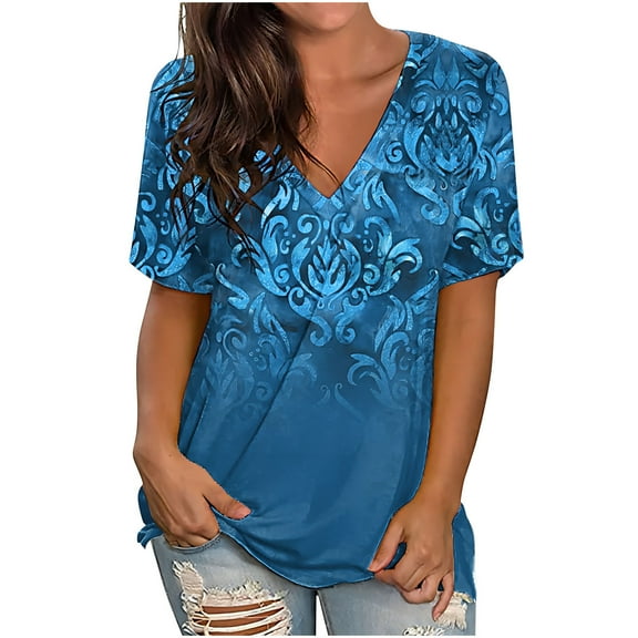Wenini Shirts for Women Short Sleeve V-Neck Floral Print Summer Basic Tops Comfy Lightweight Loose Fit Casual Tshirt Blouse Blue XXL