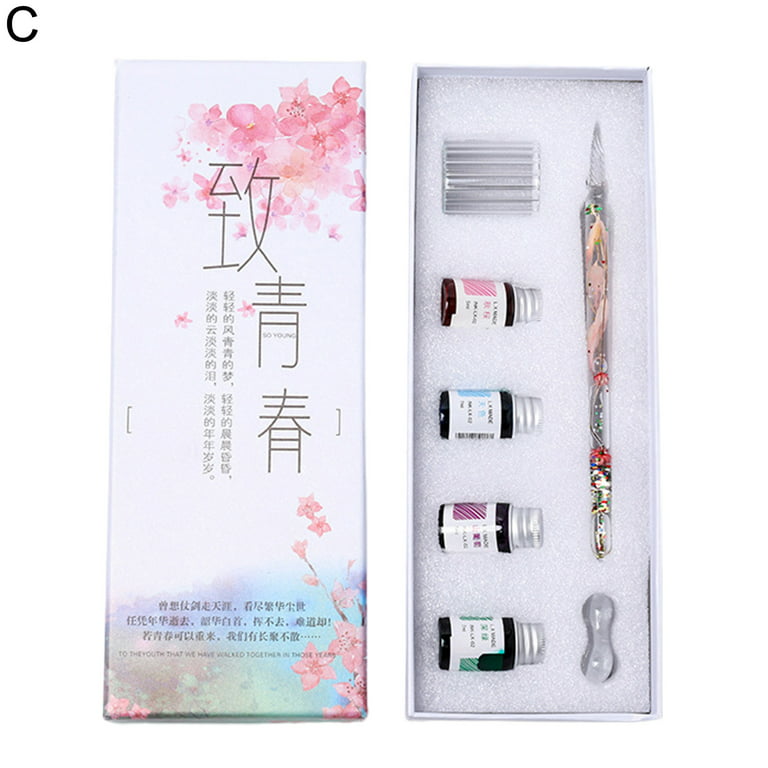 Signature Pen Dried Flower Design Strong Ink Absorption Lightweight Vintage Glass  Pen Set Birthday Gift Clear Glass 