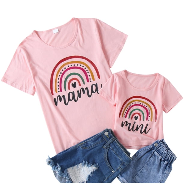 Gibobby Tirantes Para Camisa Tops, conjuntos familiares, camisa de verano, ropa corta, manga de arcoíris para mamá, blusa para mujer, camiseta informal a juego conmigo(Rosa, M)