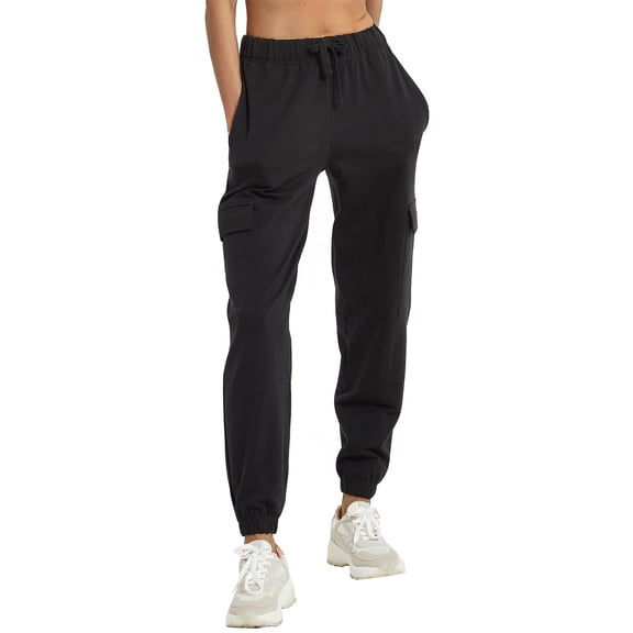 PULI Women's Loose Cargo Sweatpants with Pockets Cotton Blend Jogger Pants Elastic Waist Athletic Lounge Pants for Yoga Gym Running
