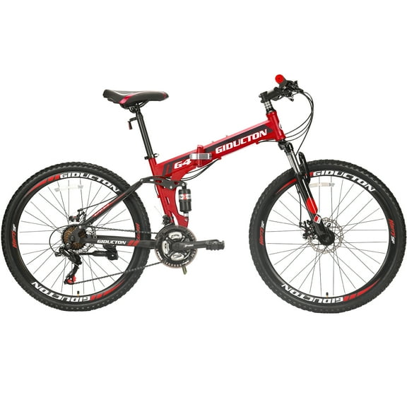 Folding Mountain Bike Eurobike G4 Full Suspension 17 inch Frame 26 Inch Wheels 21 Speed Dual Disc Brakes Foldable Bicycle Bikes for Adults and Teens Red