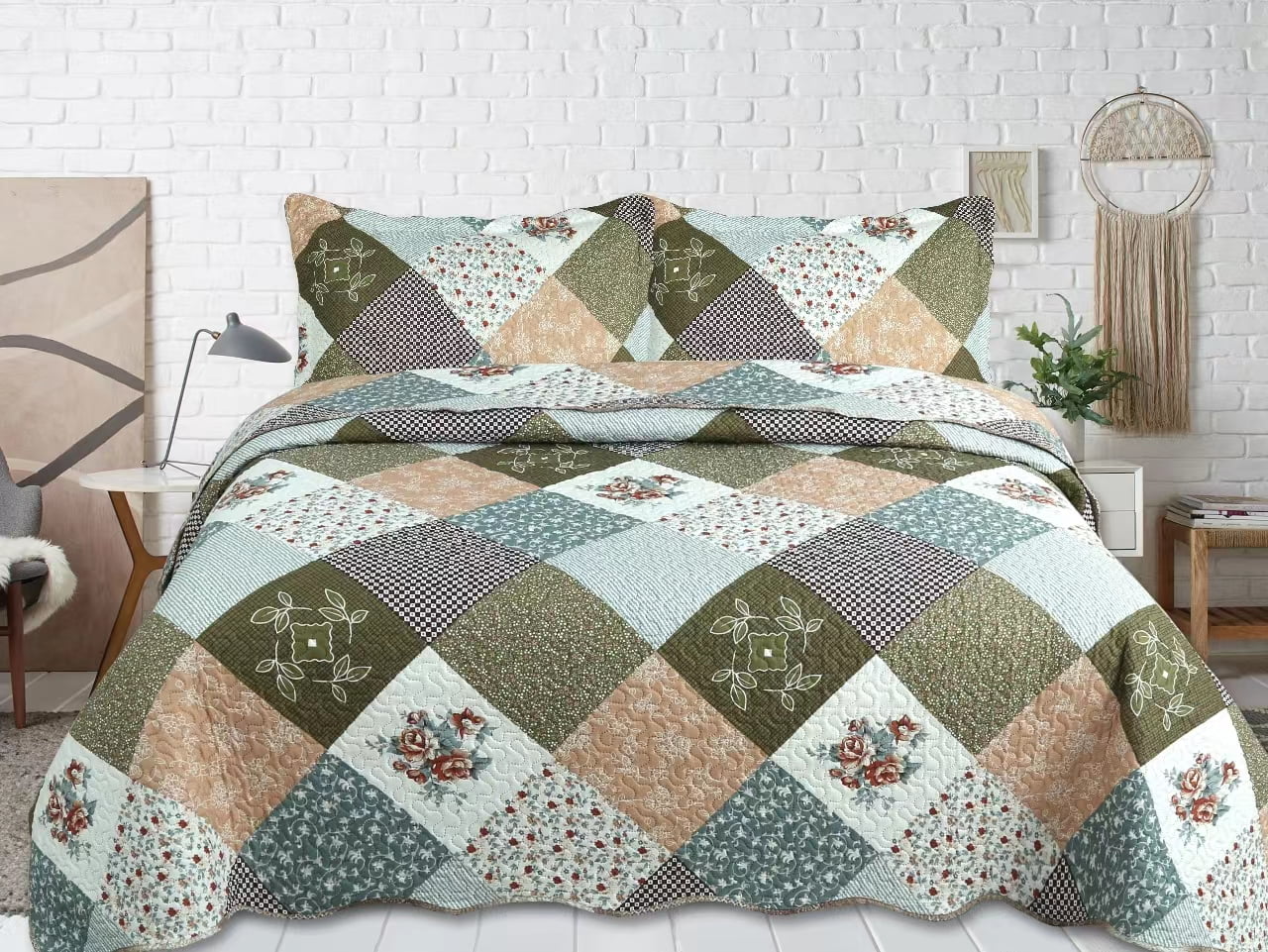 Marina Decoration Couvre-lit Pinsonic imprimé en relief ultra doux avec taies d'oreiller, motif à carreaux floraux en diagonale moderne