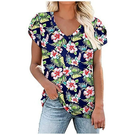 

Odeerbi Reduced Womens Tops Dressy Casual Blouse Erogenous Trendy Printed Regular V Neck Short Sleeves Top Blue