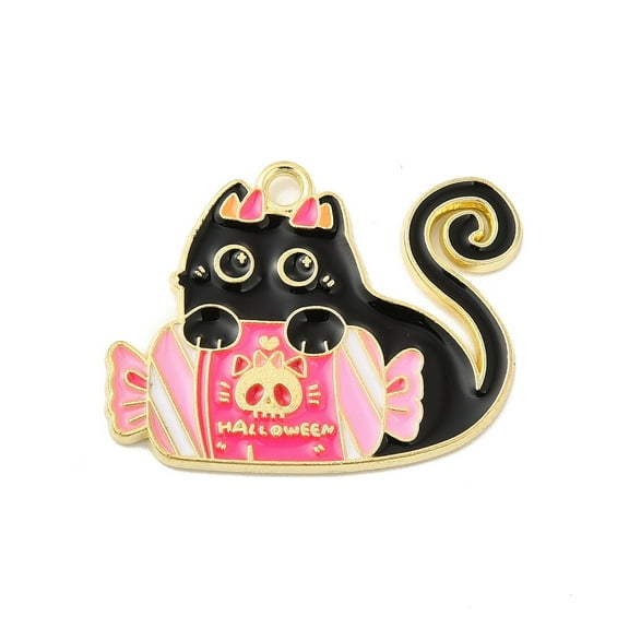 5 pc Halloween Theme Alloy Enamel Pendants Light Gold Cat Charm Candy Pattern 28x23x1.5mm Hole: 2mm