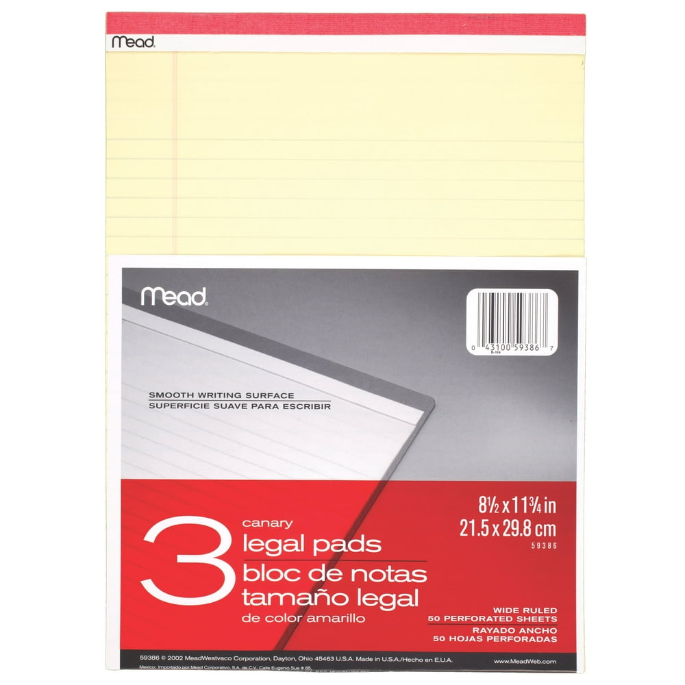 Mead Legal Ruled Note Pad, 8.5" x 11", Canary Yellow, 3 Pack (59386