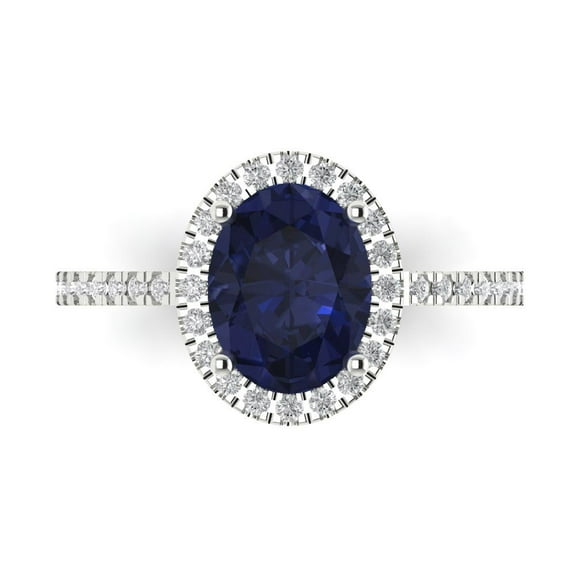 2.27 ctw with Simulated Diamond Halo Accents Anniversary Ring for Women | Oval Cut Simulated Blue Sapphire | Hyperallergenic Solid 14K White Gold