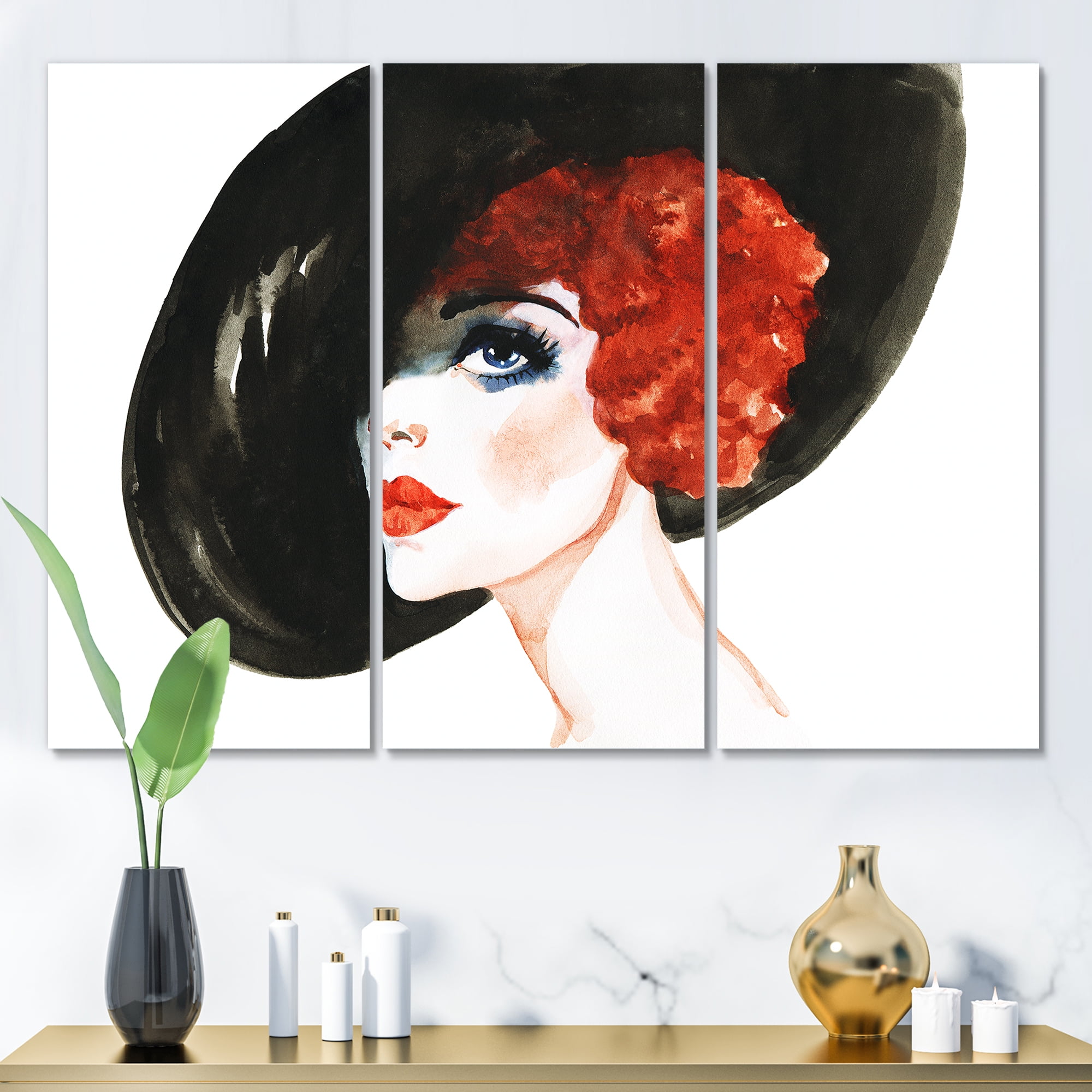 Designart ' Portrait of Woman Red Head Lady In Hat ' Modern Canvas Wall Art Print