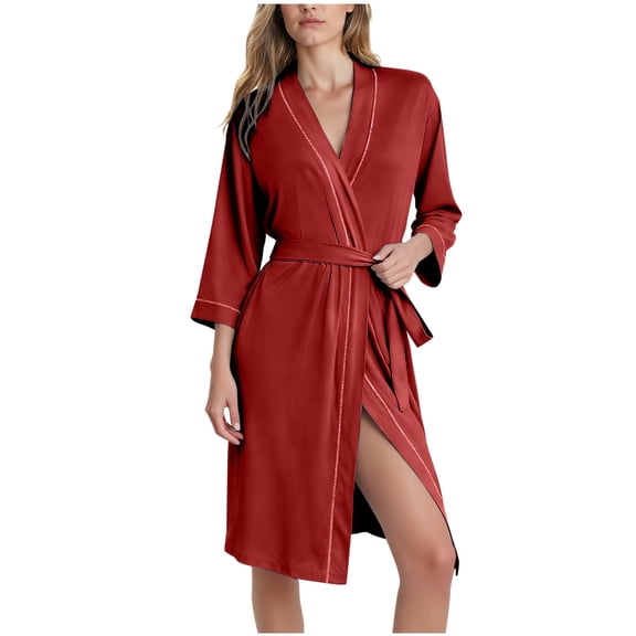 Besolor 3/4 Sleeve Robes for Women Knee Length Bathrobe Lightweight Loungewear Soft Sleepwear with Belt S-XXL