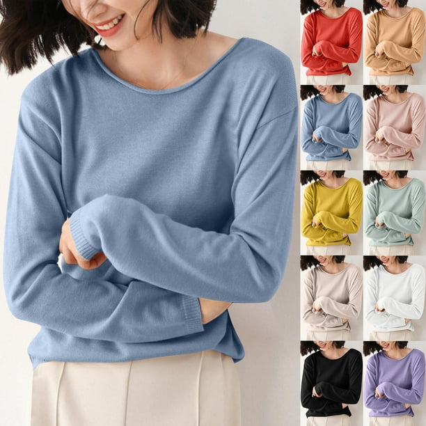Sudaderas con capucha bonitas,Blusa de punto de color liso para mujer, manga larga, cuello redondo, material acrílico, top informal de moda para uso doméstico y diario, sopatenor