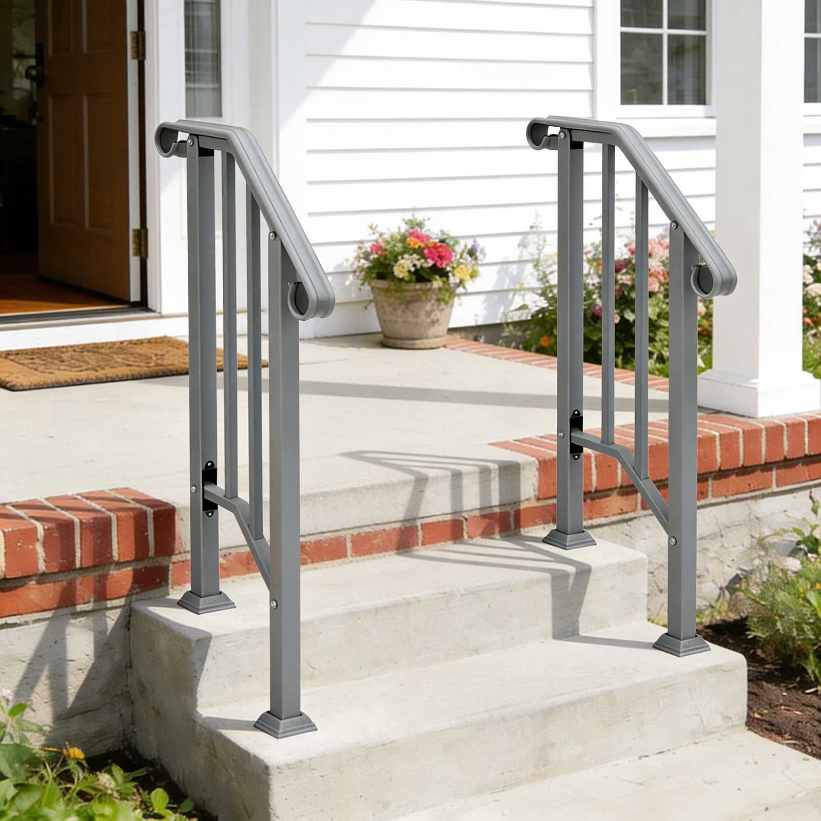 Silver Galvanized Iron Single Step Outdoor Stair Handrail Weather Resistant Anti-Rust Porch Step Safety Railing With Full Installation Hardware