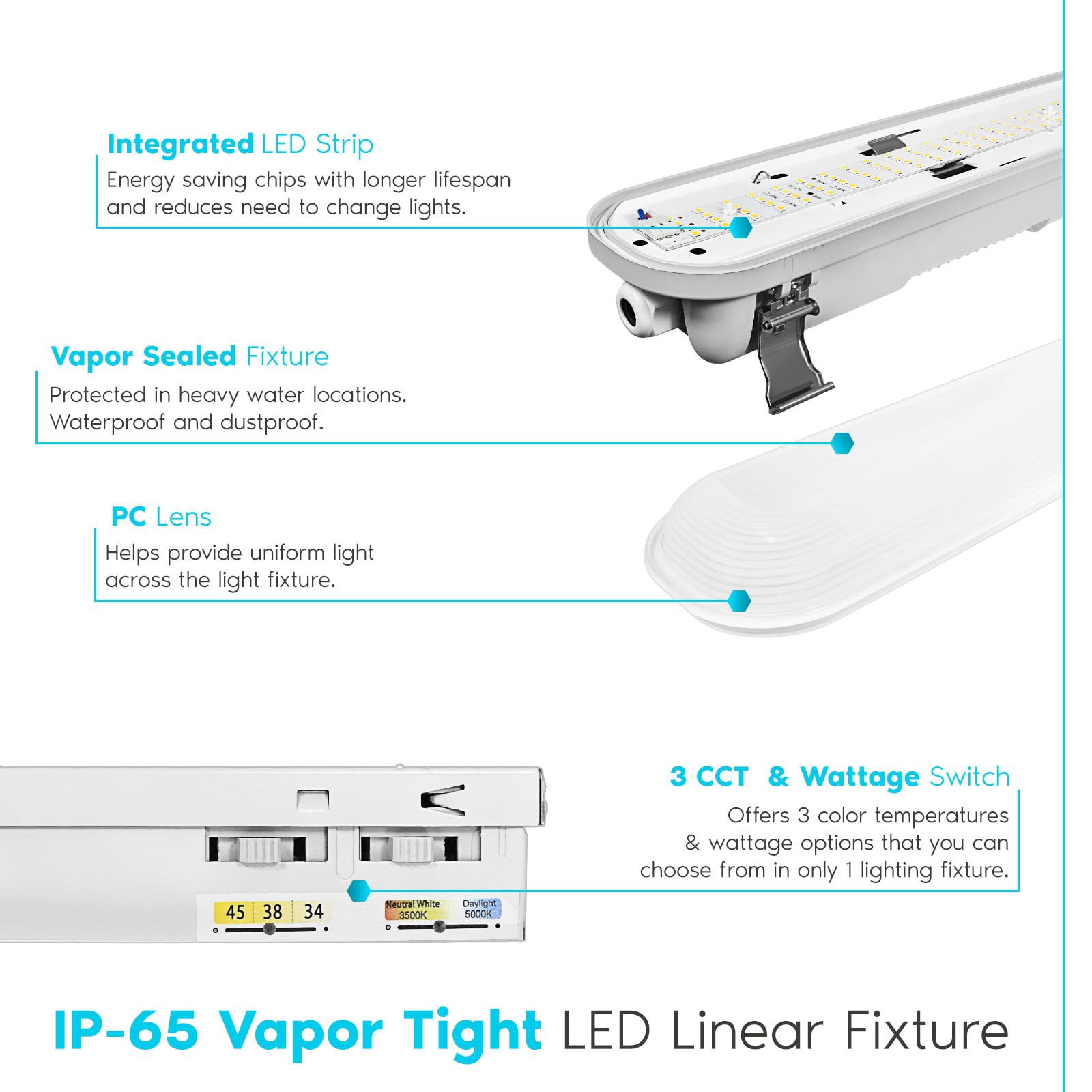 Luxrite 4FT Vapor Tight LED Light Fixture, 34/38/45W, 3 Color Options, 4658/5092/5895 Lumens, Dimmable, DLC UL Listed