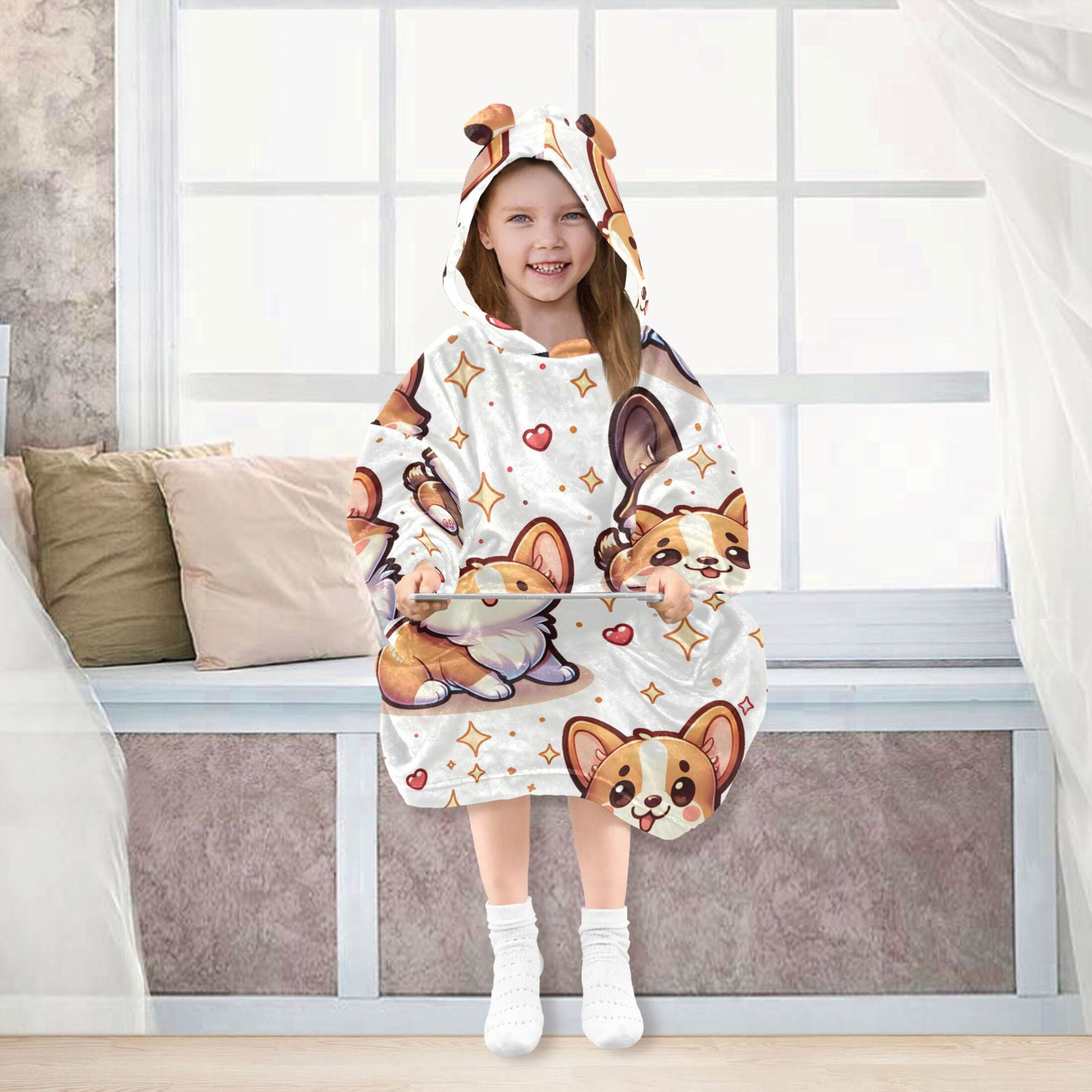 joogoo Wearable Blanket Hoodie for Kids Cute Corgi Dogs Stars Flannel Oversized Sweatshirt 3-14 Years M