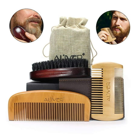 FeelGlad 3Pcs Beard Brush and Comb Set for Men, Natural Boar Bristle Brush and Wood Comb with Travel Pouch And Leather Sheath And