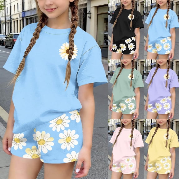 DJDLJWCJ 2 Piece Girls Short Sleeve Tee and Shorts Set Summer Crewneck Tee Shirts with Stretch Soft Elastic Waist Shorts Purple Size 9-10 Years