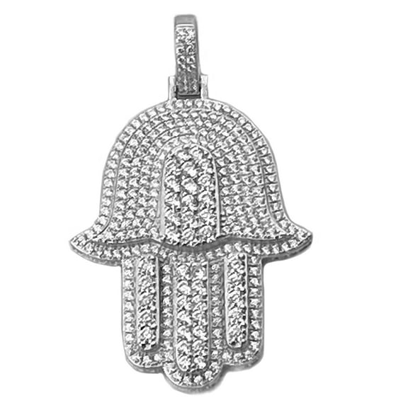 Real Solid 925 Sterling Silver Hamsa Hand Pendant Iced Micro Pave 3D Amulet Charm