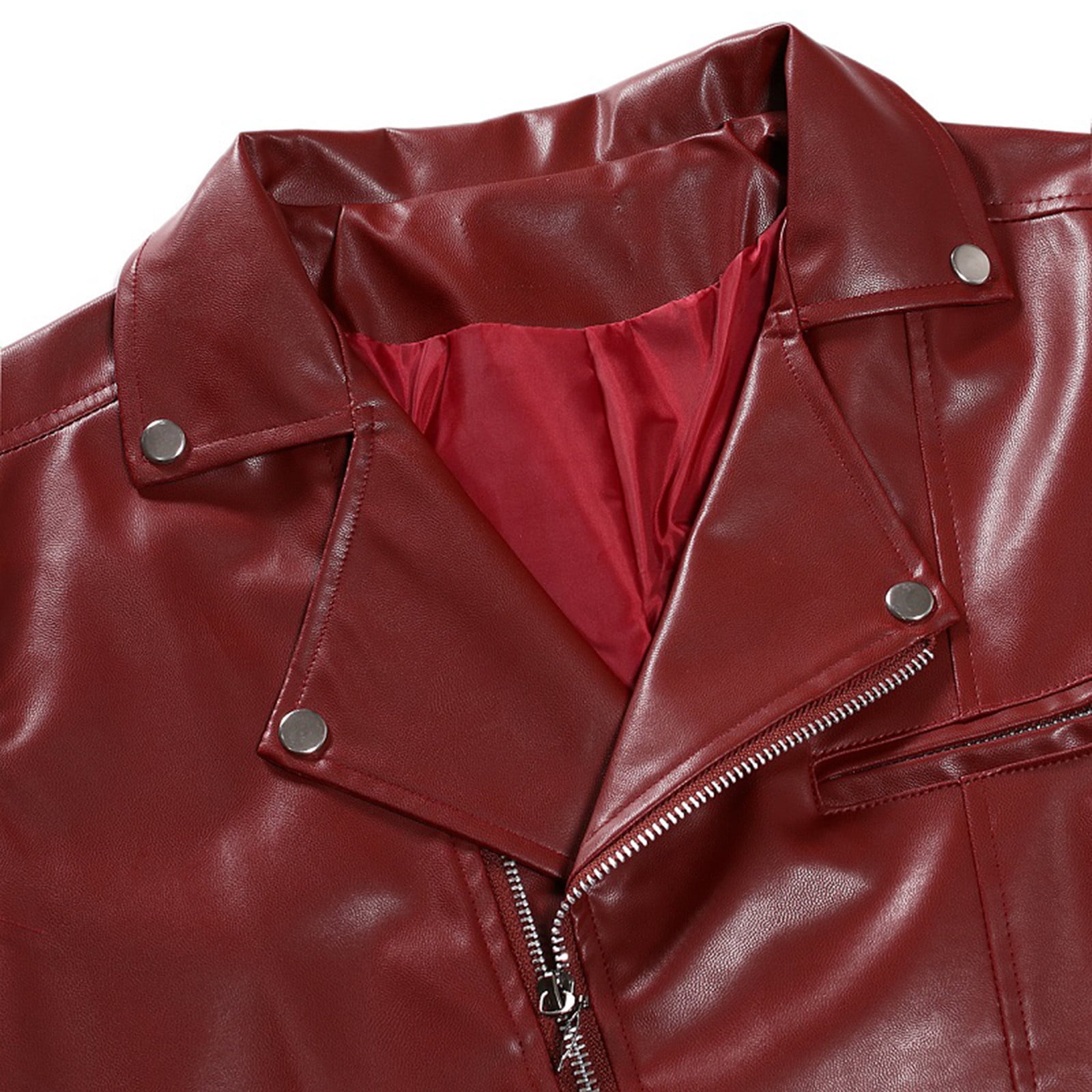 Ecqkame Leather Jacket Men Long Sleeve Motorcycle Jackets Zip Up Turndown Collar Club Jacket Men with Pocket A-Red XL
