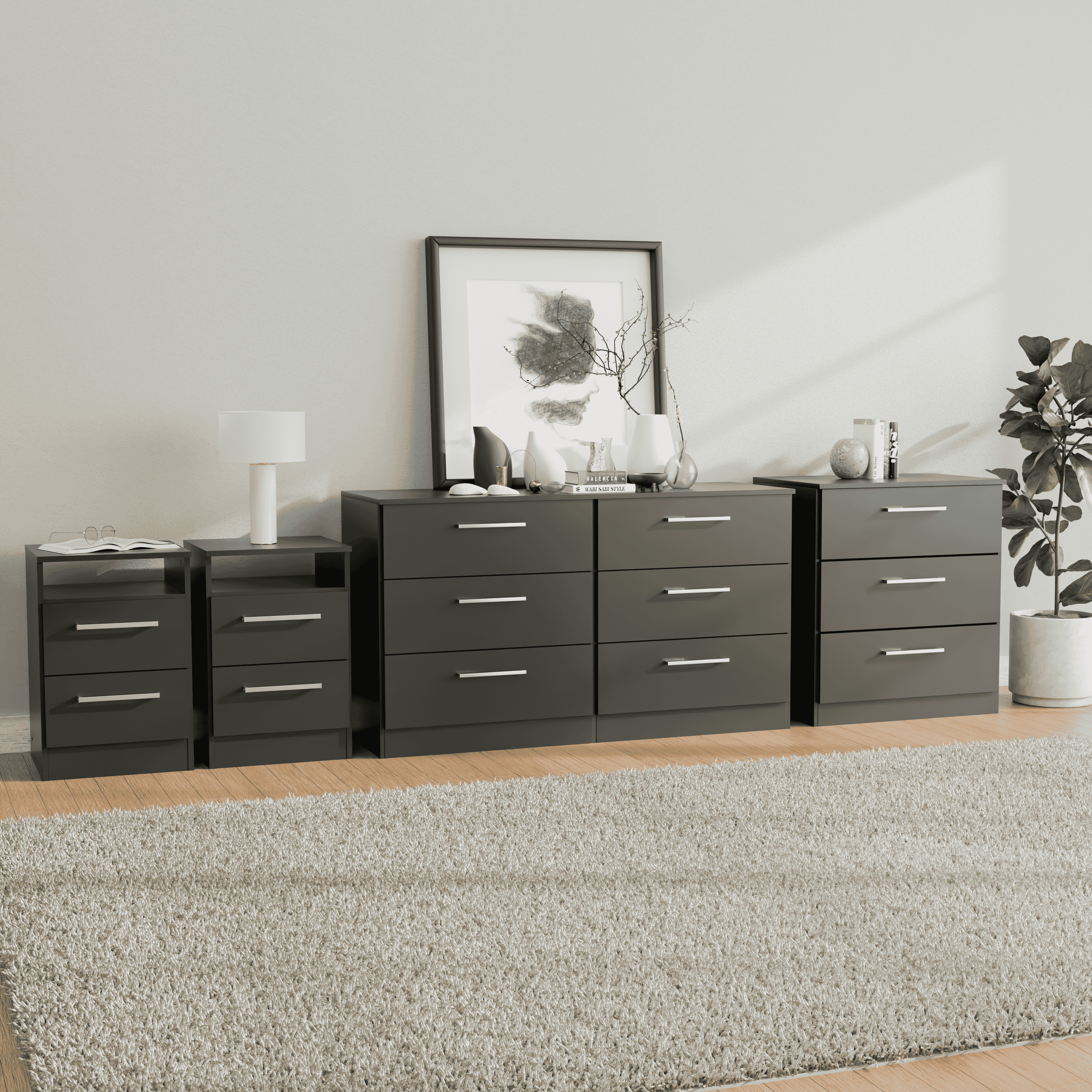 Cambridge 4-Piece Black Bedroom Furniture Set with 6-Drawer Dresser, 3-Drawer Chest, and 2 Nightstands